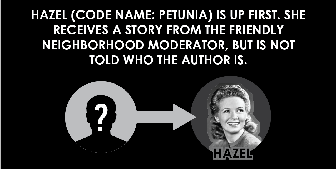 Hazel (code name: Petunia) is up first. She receives a story from the friendly neighborhood moderator, but is not told who the author is.